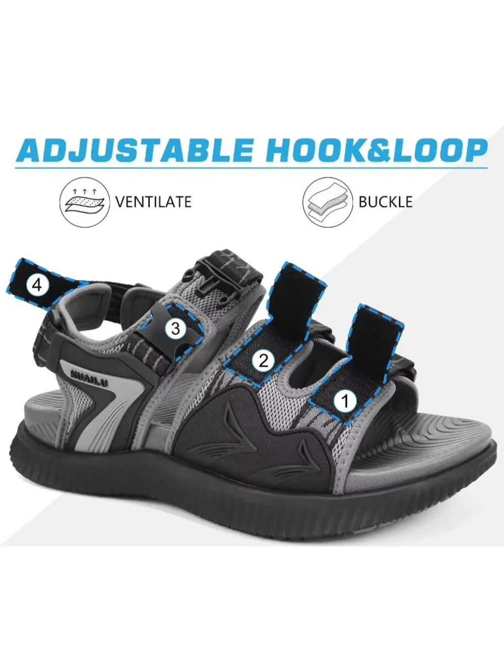Men's Grey And Black Orthopedic Recovery Plantar Fasciitis Open Toe Sandal Shoes